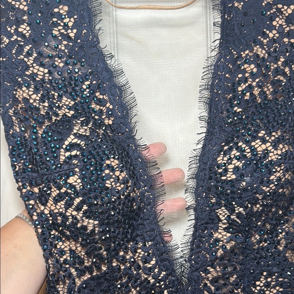 Navy Blue Evening Gown Nude Lining with Lace Overtop Beaded Plunging Neckline - Picture 4 of 16